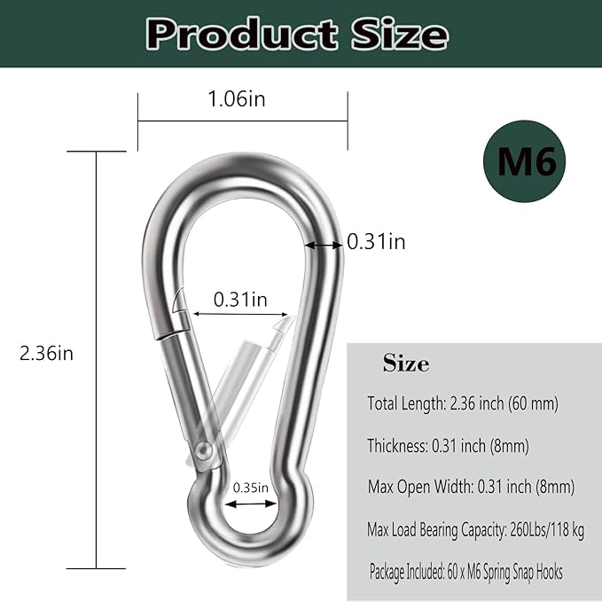 M6 Spring Snap Hook Carabiners, Carabiner Clip, Heavy Duty Galvanized Steel Spring Clip, Quick Link Key Chain for Swing Hammock Gym Outdoor, Holding Capacity-StrideForce Fitness