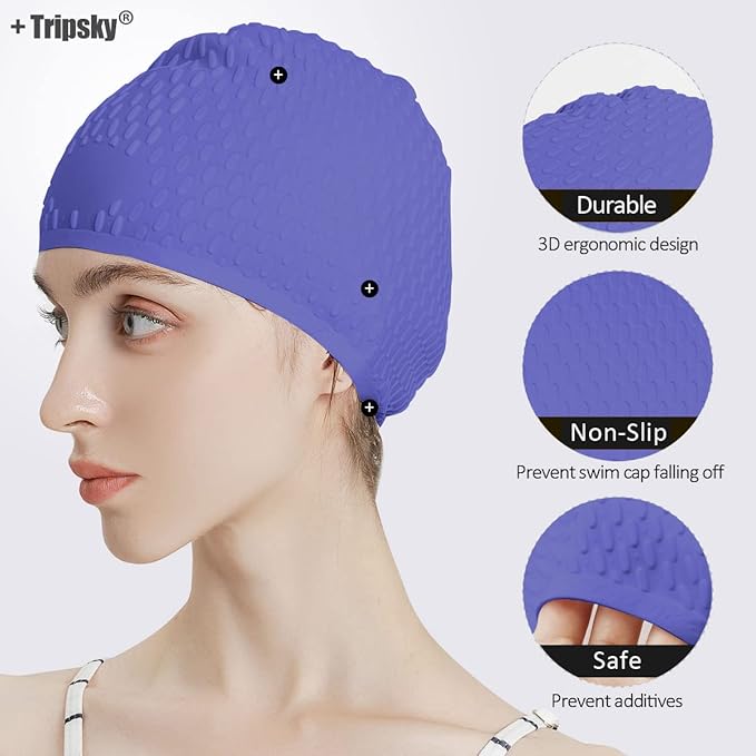 Tripsky Silicone Swim Cap,Comfortable Bathing Cap Ideal for Curly Short Medium Long Hair, Swimming Cap for Women and Men, Shower Caps Keep Hairstyle Unchanged…-StrideForce Fitness