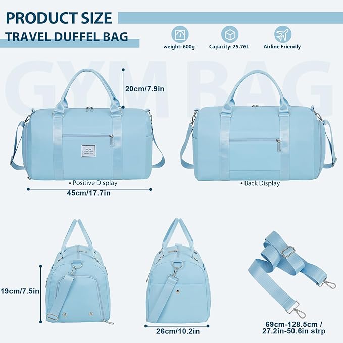 FIORETTO Womens Gym Tote Duffle Bag with Wet Pocket & Shoe Compartment, Sports Duffel Overnight Weekender Hospital Workout Carry on Bag for Girls, Ideal for Travel, Swimming, Dance, Ballet Light Blue-StrideForce Fitness