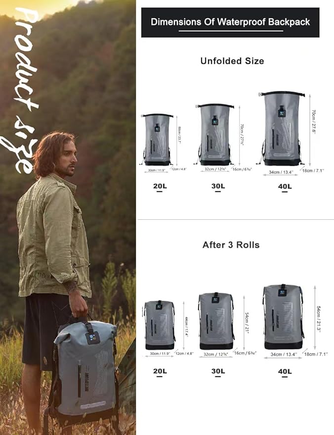 IDRYBAG Waterproof Backpack for Men 20L/30L/40L, Floating Dry Bag Kayak, Dry Backpack Hiking-StrideForce Fitness