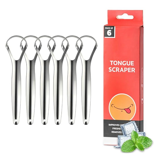 VIWIK Tongue Scraper for Adults, 100% Stainless Steel Tongue Cleaner - 6 Pack Hygienic Oral Care Tools, Bad Breath Remover & Tongue Brusher for Family Dental Hygiene Kit
