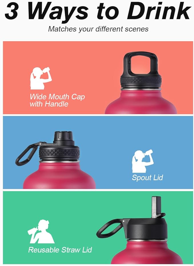 Half Gallon Water Bottle Insulated with Straw & 3 Lids, Coolflask 64 oz Water Jug Large Metal Stainless Steel Wide Mouth for Sports, Gym or Office, Non-BPA Keep Cold 48H Hot 24H, Ombre Wine/Navy-StrideForce Fitness