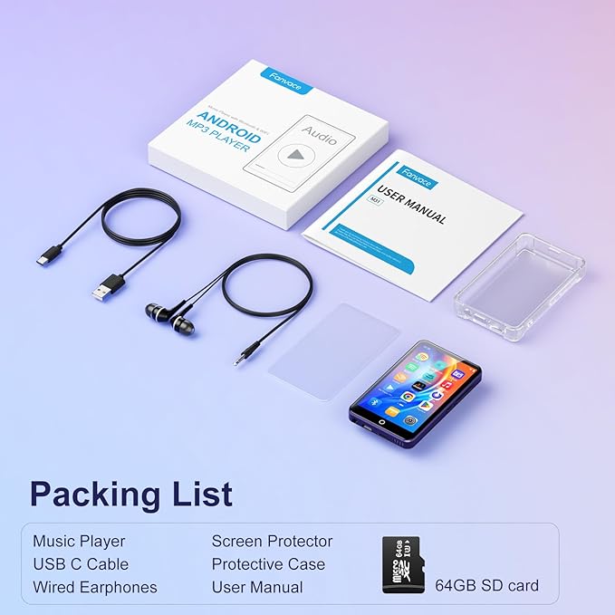 80GB MP3 Player with Bluetooth and WiFi, Android MP3 & MP4 Players with 4" Touchscreen and Speaker, Spotify Music Player with FM Radio, Audible, Amazon Music, Play Store (Purple)-StrideForce Fitness