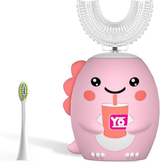 Kids U Shaped Electric Toothbrush，auto Sonic Baby Toothbrush，Cartoon Dinosaur 360-Degree Cleaning IPX7 Waterproof Design(8-15y, Pink)