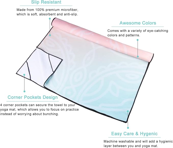 QiyI Yoga Mat Towel with Corner Pockets, Non Slip Sweat Absorbent Hot Yoga Towels, Soft Yoga Blankets with Travel Bag, Skidless Mat Cover for Workout, Gym, Fitness - 70"x26", Dreamy Pink Mandala-StrideForce Fitness