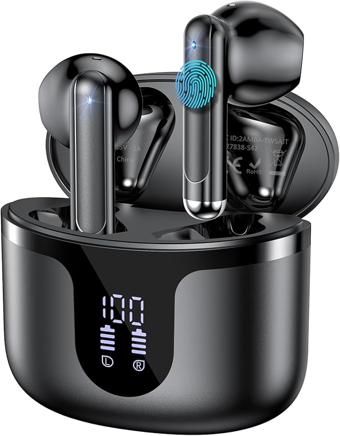 Wireless Earbuds, 2025 Bluetooth 5.3 Headphones HiFi Stereo 50H Playback Ear Buds with Led Digital Display, ENC Noise Cancelling Earbuds for Laptop Computer, iOS, Android, Black-StrideForce Fitness