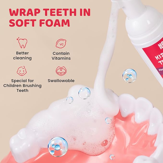 NOHOO Fluoride Free Foam Toothpaste Kids Fruit Flavour,Natural Training Toothpaste for Baby Toddler Children Oral Cleaning and Cavity Protection Strawberry Orange Peach Cantaloupe