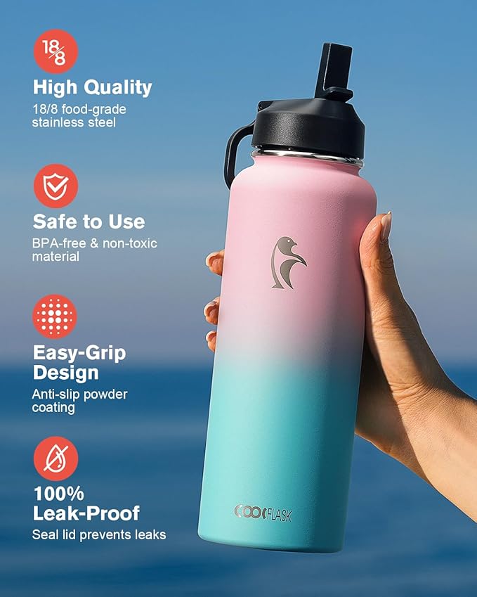 40 oz Insulated Water Bottle with Straw&3 Lids, Coolflask Stainless Steel Metal flask Wide Mouth for Sports or Office, Non-BPA Keep Cold Up to 48 Hrs or Hot Up to 24 Hrs, Bubblegum Princess-StrideForce Fitness