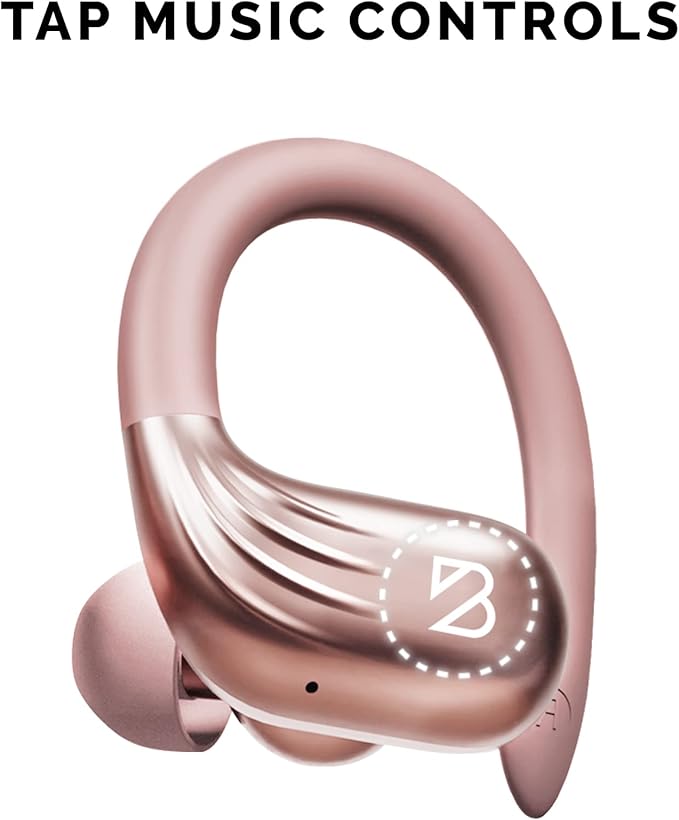 Rose Gold Wireless Running Earbuds for Women. Pink Bluetooth Sport Earbuds for Running, 80 Hour Long Battery Life Over the Ear with EarHooks, Wrap Around Ear buds with Microphone, Earphones-StrideForce Fitness