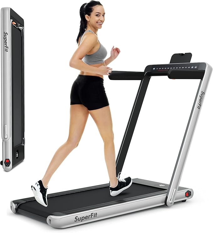 GYMAX Walking Pad, Dual LED Display 2 in 1 Under Desk Treadmill for Home with Remote & Smart App Control, 2.25HP Foldable Portable Treadmill Running Machine for Office Small Space-StrideForce Fitness