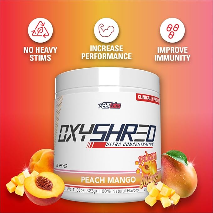 EHP Labs OxyShred Pre Workout Powder - Preworkout Powder with L Glutamine & Acetyl L Carnitine, Energy Boost Drink - Peach Mango, 60 Servings-StrideForce Fitness
