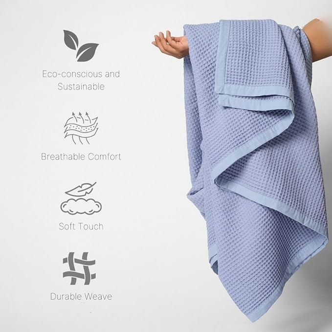 GOTS Certified Organic Cotton Waffle Weave Cozy Throw Blanket for Twin Bed & Couch - 66"X90", Modern Home Decor - Powder Blue-StrideForce Fitness