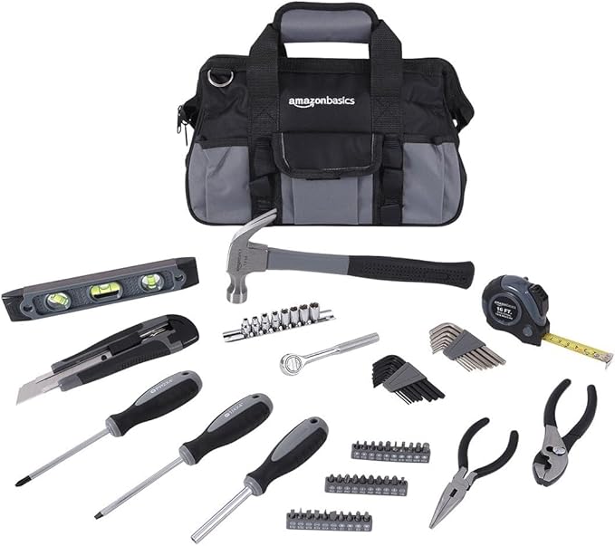 Amazon Basics 65 Piece Home Basic Repair Tool Kit Set With Bag, Silver, Black-StrideForce Fitness