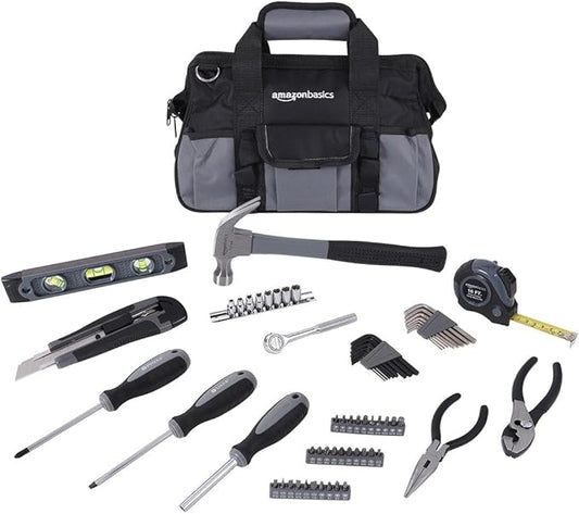 Amazon Basics 65 Piece Home Basic Repair Tool Kit Set With Bag, Silver, Black-StrideForce Fitness