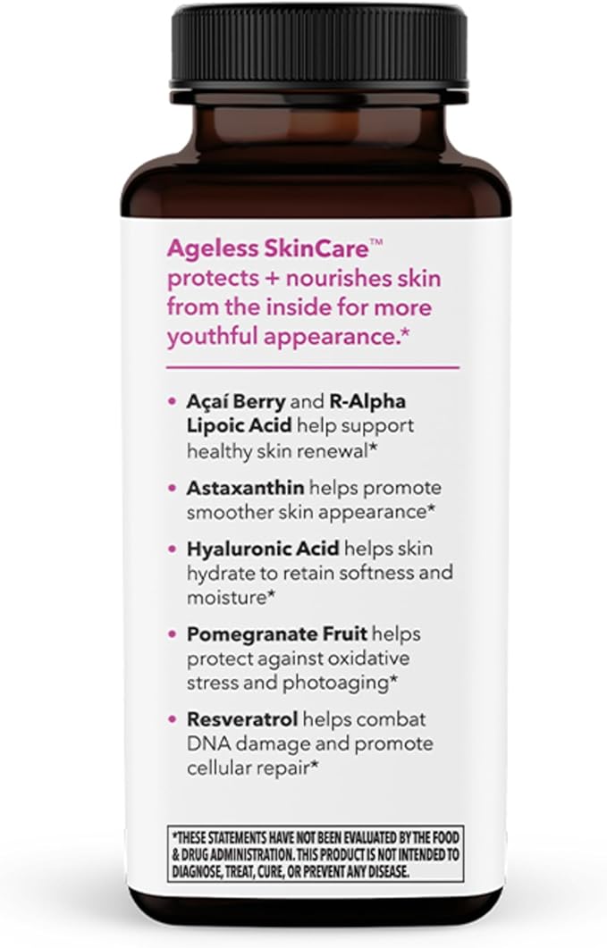 LifeSeasons Ageless Skincare - Anti Aging Supplement - Antioxidant Support - Moisturizes & Nourishes Skin - Acai Berry Astaxanthin Resveratrol R-Alpha Lipoic Acid & Pomegranate Extract - 90 Capsules-StrideForce Fitness
