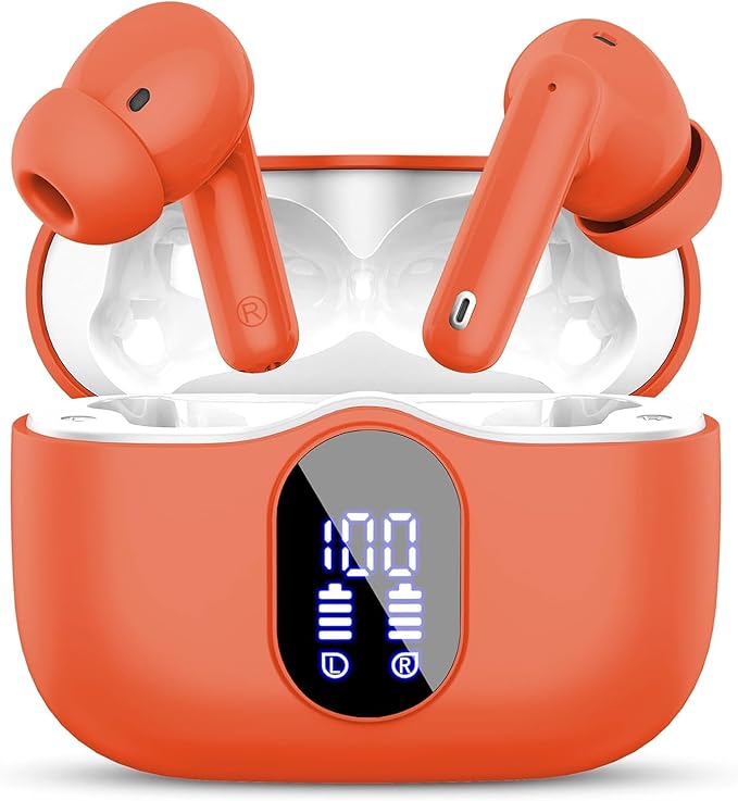 Wireless Earbuds, Bluetooth 5.4 Headphones Bass Stereo, Ear Buds with Noise Cancelling Mic, IP7 Waterproof in Ear Earphones, 36H LED Display Bluetooth Earbuds for Laptop Pad Phones Sports, Orange-StrideForce Fitness