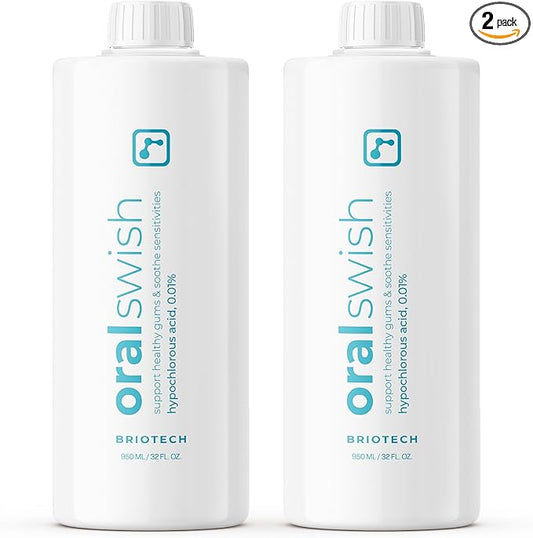 BRIOTECH Oral Swish, Hypochlorous Acid Mouthwash Rinse, Gentle Oral Care Hygiene, Fight Bad Breath, Support Against Plaque, Gum Irritation & Tender Gums, Alcohol & Fluoride Free, 32 fl oz (2 Pack)