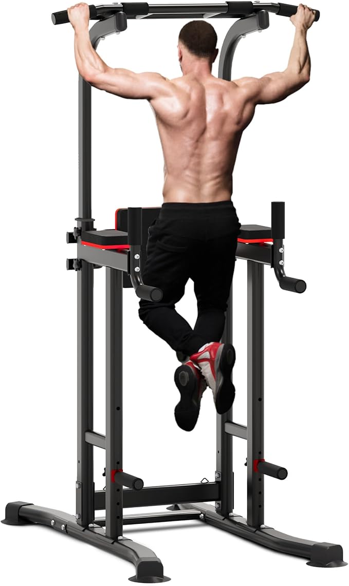 Outdoor Basic Power Tower Max Pull Up Bar and Dip Station - Heavy Duty 1600LBS Weight Capacity, Reinforced Steel Frame for Maximum Stability, Multi-Function Home Gym Equipment with Adjustable Height for Strength Training Fitness-StrideForce Fitness