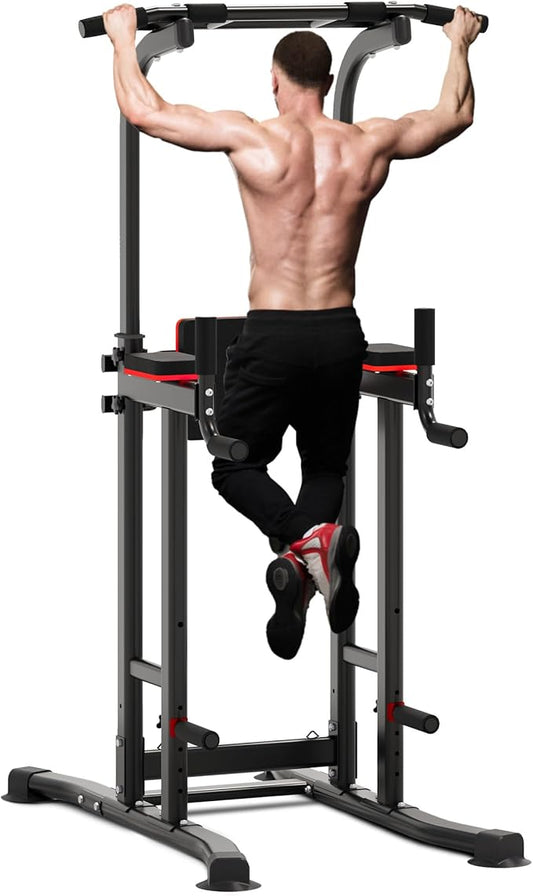 Outdoor Basic Power Tower Max Pull Up Bar and Dip Station - Heavy Duty 1600LBS Weight Capacity, Reinforced Steel Frame for Maximum Stability, Multi-Function Home Gym Equipment with Adjustable Height for Strength Training Fitness-StrideForce Fitness
