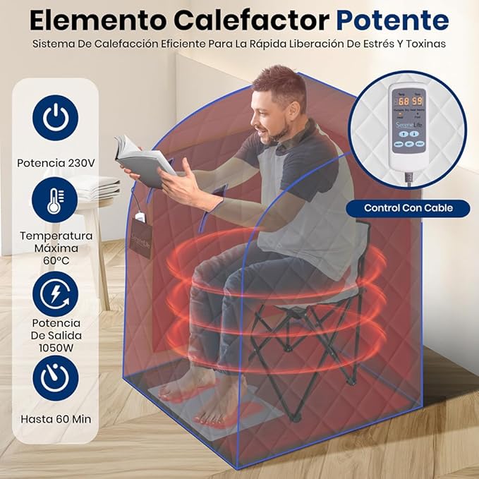 SereneLife Portable Sauna Box for Home, Infrared Sauna Tent with Heated Foot Pad and Folding Chair, Remote Control In-Home Spa, 38" x 32” - (Silver)-StrideForce Fitness