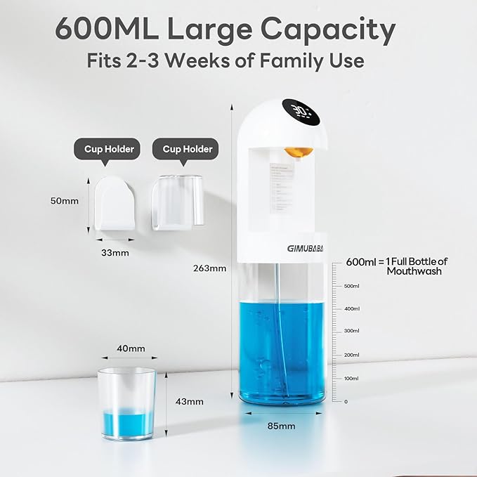Upgraded Automatic Mouthwash Dispenser with 4 Dispensing Levels for Bathroom-GIMUBABA Smart Mouth Wash Dispenser Sets with 20.3 FL Oz Container,2 Cups & Wall Mount Accessories for Kids & Family,White