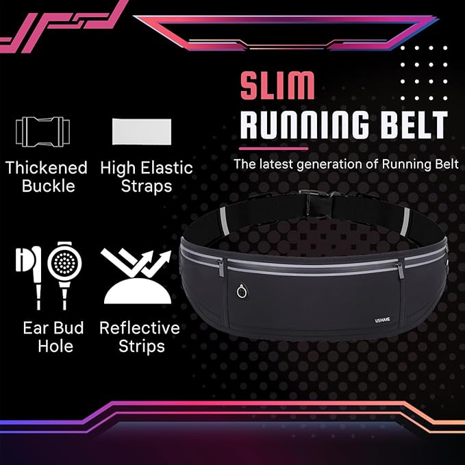 USHAKE Slim Running Belt, Workout Fanny Pack for Men Women,Exercise Waist Pack for Apple iPhone Holder, Runner Belt for Running Walking Cycling Camping Gym Black-StrideForce Fitness