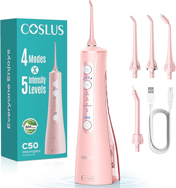 COSLUS Portable Water Flosser for Teeth: 4 Modes & 5 Intensity Levels Professional Electric Dental Pick for Sensitive Gums, Braces & Orthodontic - Cordless for Travel Use, for Adults, BPA-Free, Pink