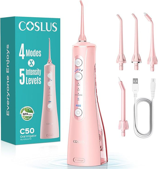COSLUS Portable Water Flosser for Teeth: 4 Modes & 5 Intensity Levels Professional Electric Dental Pick for Sensitive Gums, Braces & Orthodontic - Cordless for Travel Use, for Adults, BPA-Free, Pink