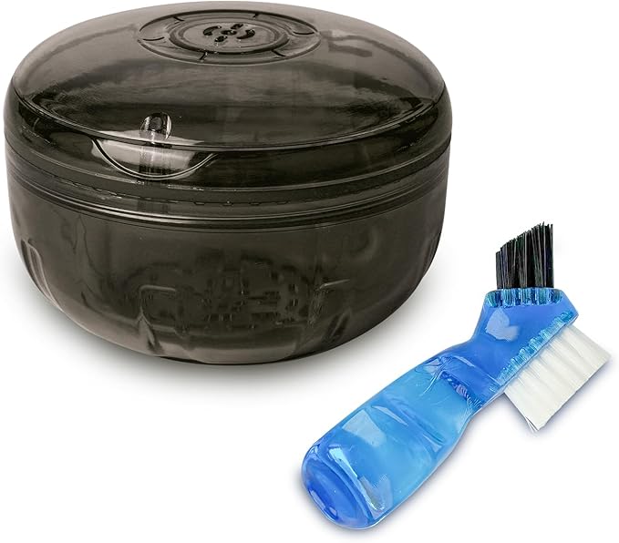 Retainer Cleaning Case,Portable No-Leak Denture Cup Case with Dentures Brush Kit, Travel Retainer Cases with Vent Holes for Clear Aligner,Mouth Guards,Night Guard,Dentures (Black)