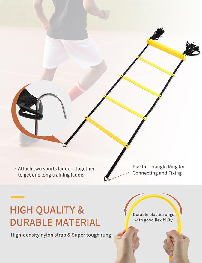 GHB Agility Ladder,Football Training Equipment Set,4 Agility Hurdles, 20 feet12 Rungs Speed Ladder,12 Disc Cones,Resistance Parachute, Jump Rope, 5 Resistance Bands-StrideForce Fitness