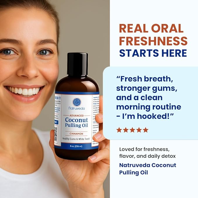 Cinnamon Coconut Pulling Oil, 8 oz | Advanced Ayurvedic Oil Pulling Mouthwash with Virgin Coconut Oil, Clove & Sesame | Alcohol-Free Oral Care | with 20g Herbal Toothpaste