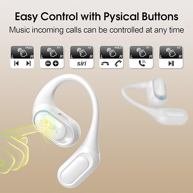 Open Ear Headphones, Bluetooth 5.4 Headphones Sports, Premium Sound with HD Mic Wireless Earbuds, 48H Playtime LED Power Display Ear Buds, IPX7 Lightweight Comfort Earphones for Running, White-StrideForce Fitness