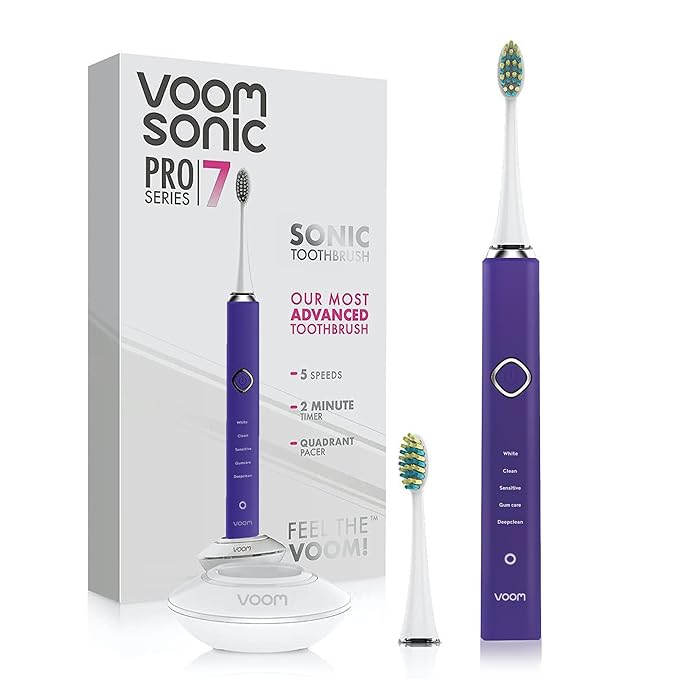 Voom Sonic Pro 7 Rechargeable Electronic Toothbrush + Pro 7 Series Replacement Brush Heads - 2-Minute Timer with Quadrant Pacing & 5 Adjustable Speeds,Soft Dupont Nylon Bristles Oral Care - Purple