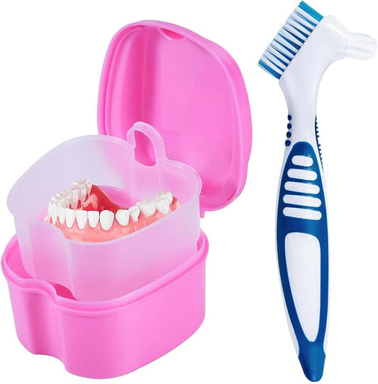 Pink Denture Bath Case Cup Box Holder Storage Container with Denture Cleaner Brush Strainer Basket for Travel Cleaning