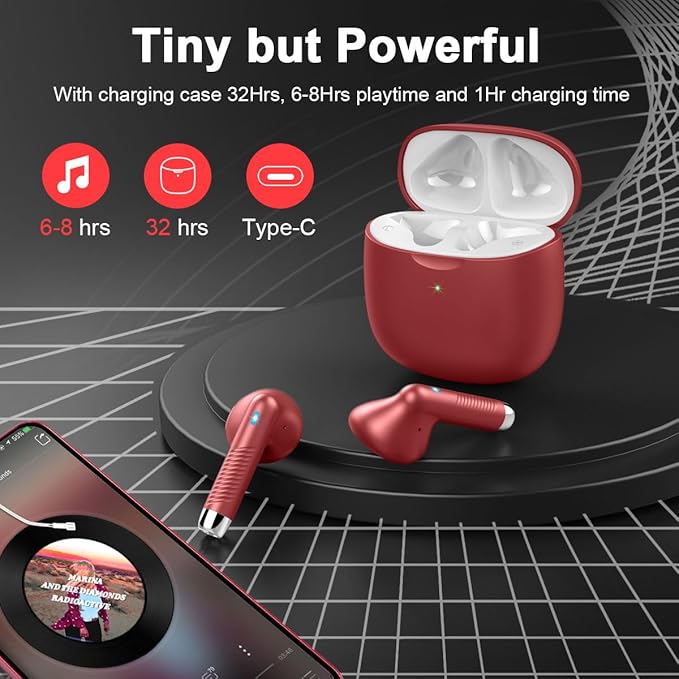 Wireless Earbuds, Bluetooth 5.4 Headphones in Ear with Noise Cancelling Mic, Bluetooth Earbuds Stereo Bass, IP7 Waterproof Sports Earphones, 32H Playtime USB C Charging Ear Buds Red for Android iOS-StrideForce Fitness