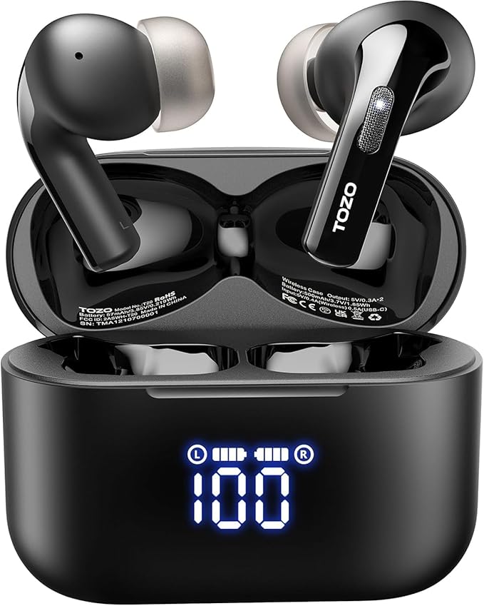 TOZO T20 Wireless Earbuds Bluetooth Headphones 48.5 Hrs Playtime with LED Digital Display, IPX8 Waterproof, Dual Mic Call Noise Cancelling 10mm Broad Range Speakers, 2025 Version-StrideForce Fitness