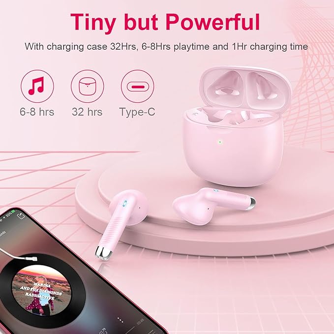 Wireless Earbuds, Bluetooth 5.4 Earbuds Stereo Bass, Bluetooth Headphones in Ear Noise Cancelling Mic, Wireless Earphones IP7 Waterproof Sports, 32H Playtime Mini USB C Charging Ear Buds Light Pink-StrideForce Fitness