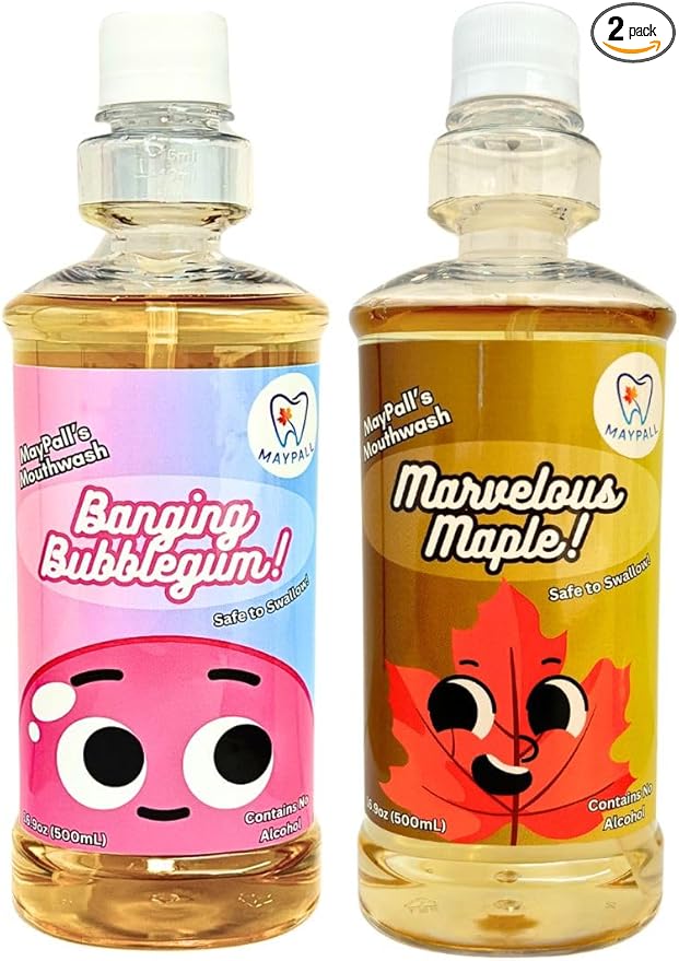 Bubblegum and Maple Flavored Kid's Mouthwash, Safe to Swallow, Natural, Promotes Healthy Teeth, Gentle Taste, No Burn, Fluoride Free, Alcohol Free, 16.9oz (Pack of 2).