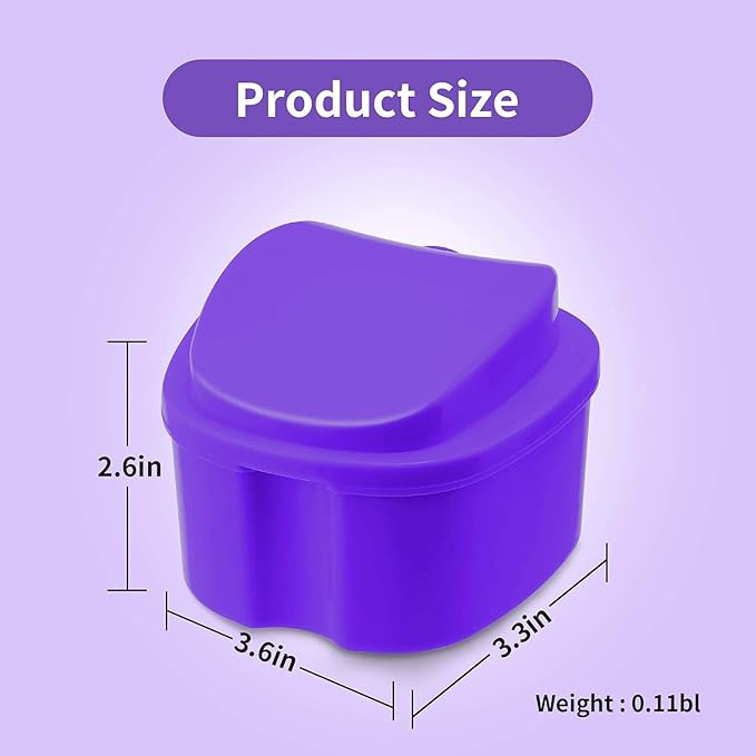 Denture Soaking Cup Dental Retainer Case Cleaning with Strainer Basket, Orthodontic Bath Box Mouthguard Storage Holder - Purple
