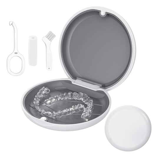 Retainer Case, Slim Aligner Cases for Invisalign, Mouthguard Case with Removal Tools& Aligners Chewies& Brush, Removable Inner Tray Silicone for Easy Cleanin (White)