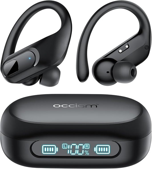 occiam Wireless Earbuds Bluetooth Headphones Ear Buds 96Hrs Playback Sport Over-Ear Waterproof Wireless Headphones Earphones with Earhooks ENC Mics Clear Call for Sport Running Workout Black