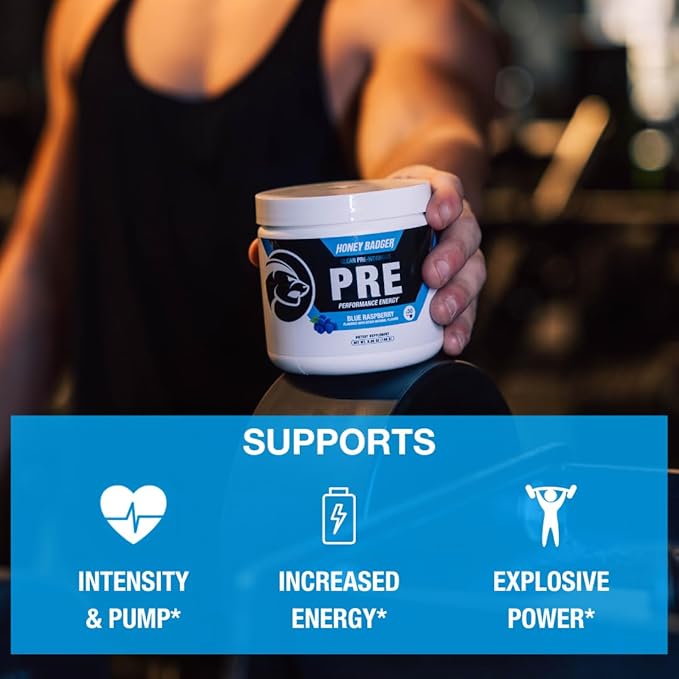 Honey Badger Pre Workout Powder, Keto Vegan Preworkout for Men & Women, Beta Alanine & Caffeine, Sugar Free Natural Energy Supplement, Blue Raspberry, 30 Servings-StrideForce Fitness