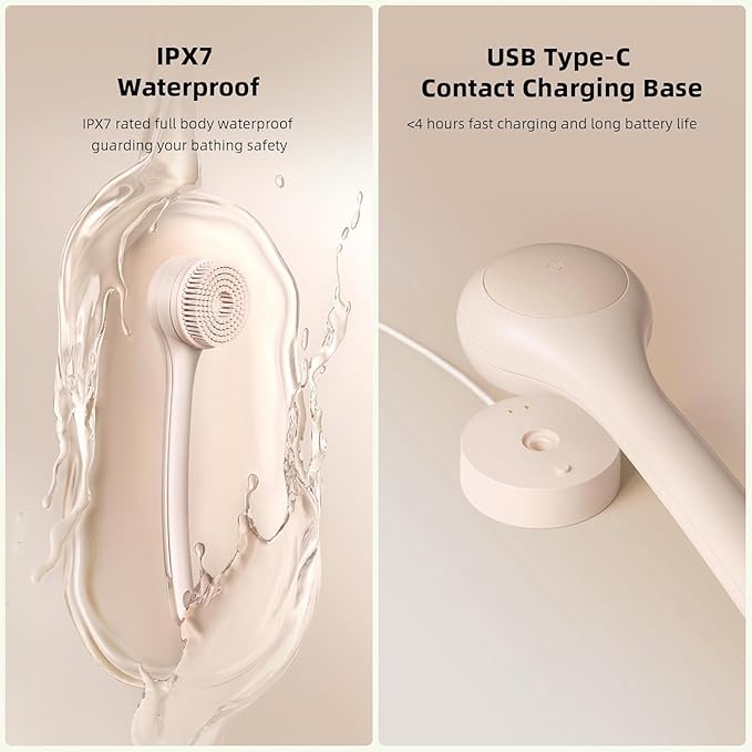 Electric Body Brush Back Scrubber for Shower, Waterproof Long Dual Handle Power Body Scrubber with 3 Heads, Rechargeable Bath Brush & 2 Speeds, for Cleansing, Exfoliating and Massaging Skin-StrideForce Fitness