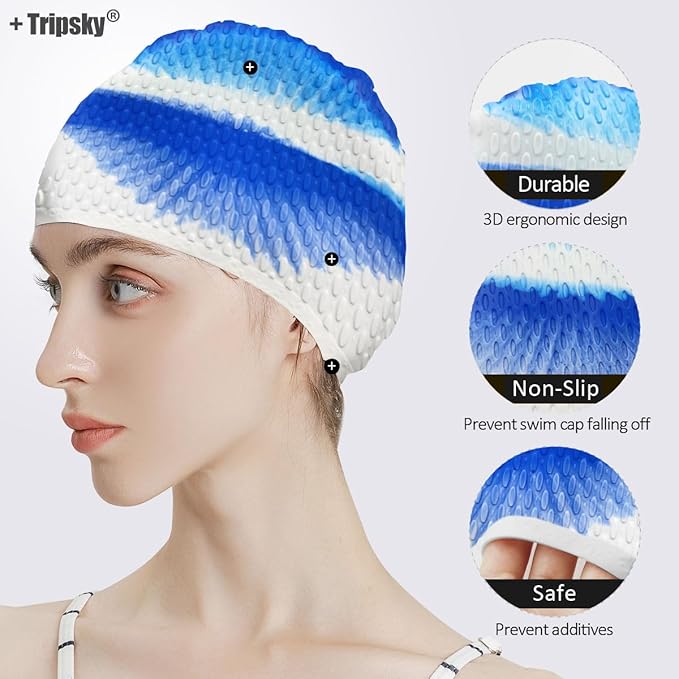 Tripsky Silicone Swim Cap,Comfortable Bathing Cap Ideal for Curly Short Medium Long Hair, Swimming Cap for Women and Men, Shower Caps Keep Hairstyle Unchanged…-StrideForce Fitness