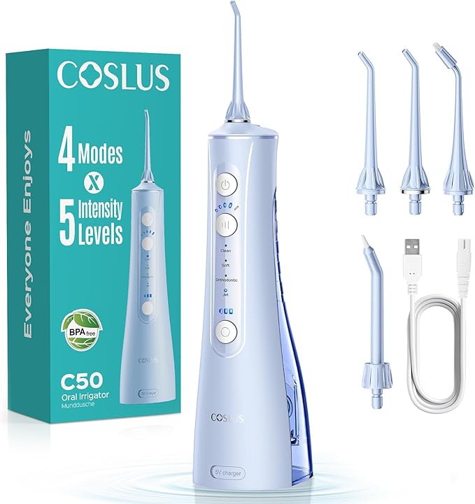 COSLUS Portable Water Flosser for Teeth: 4 Modes & 5 Intensity Levels Professional Electric Dental Pick for Sensitive Gums, Braces & Orthodontic - Cordless for Travel Use, for Adults, BPA-Free, Blue