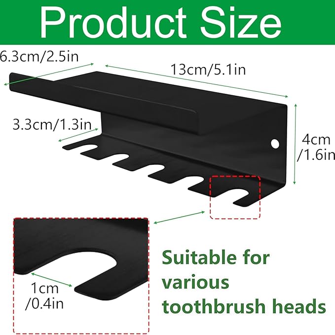 Wall Mounted Toothbrush Holder for Bathroom Shower, 5 Slots Aluminum Self-Adhesive Tooth Brush, Toothpaste Organizer Hanger Compatible with Colgate Extra Clean, Oral-B CrossAction, etc Black
