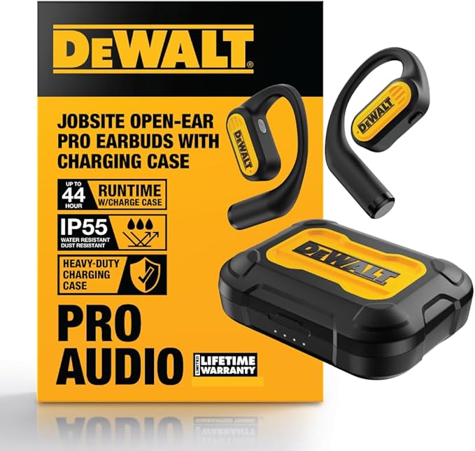 DEWALT Heavy Duty Open Ear Headphones, Bluetooth 5.3 Wireless Earbuds with 44Hrs Runtime, Jobsite Premium Sound True Wireless Air Conduction Open Ear Earbuds with Earhooks for Worksites and Workouts-StrideForce Fitness
