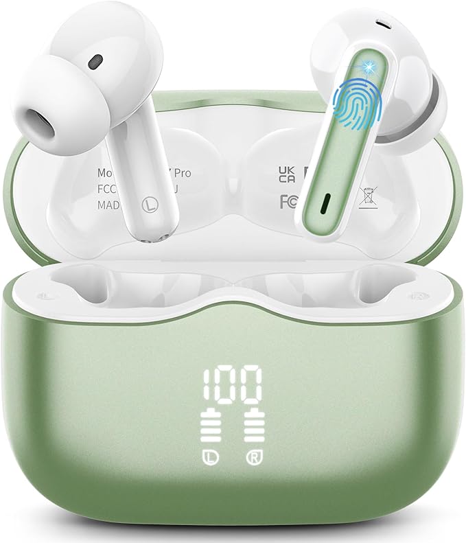 Wireless Earbuds, Bluetooth 5.4 Headphones in Ear with 4 ENC Noise Cancelling Mic, New Wireless Earphones HiFi Stereo Deep Bass 40H Playtime, in-Ear Bluetooth Earbuds LED Display IP7, USB-C, Green-StrideForce Fitness