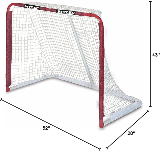 Mylec Steel Junior Hockey Goal for Indoor + Outdoor (52” x 43”), Easy Assembly, Lightweight, Portable, and Net Weave System (Red, 17 Pounds)-StrideForce Fitness