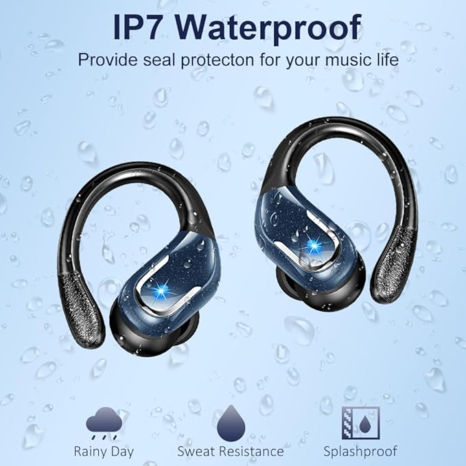 Wireless Earbud, Bluetooth 5.4 Headphones IP7 Waterproof Sport, 75Hrs Running Wireless Earphones with ENC Noise Canceling Mic, Deep Bass Over Ear bud with Earhooks for Android, iOS, Workout, Gym, Blue-StrideForce Fitness